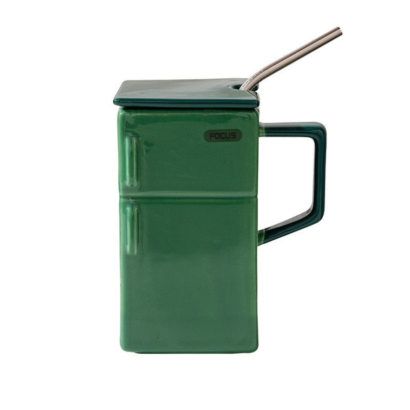 CoolBox Retro Refrigerator Ceramic Mug with Lid and Straw