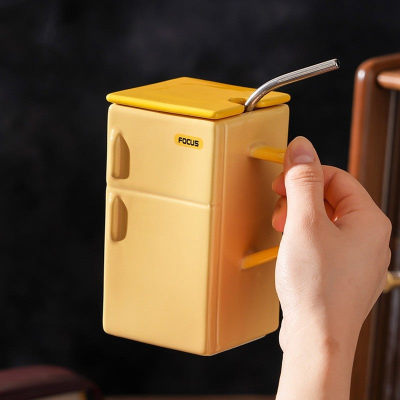 CoolBox Retro Refrigerator Ceramic Mug with Lid and Straw