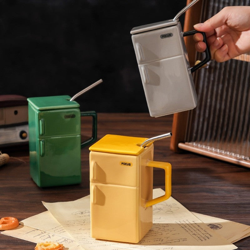 CoolBox Retro Refrigerator Ceramic Mug with Lid and Straw