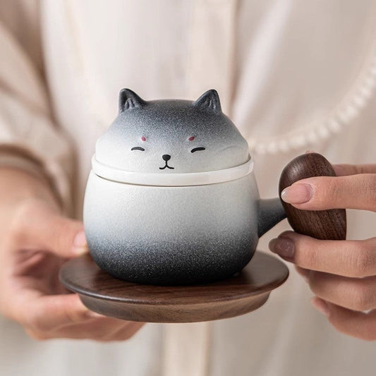 The Gradient Shiba Ceramic Tea Set with Wooden Coaster