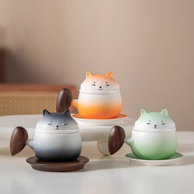 The Gradient Shiba Ceramic Tea Set with Wooden Coaster