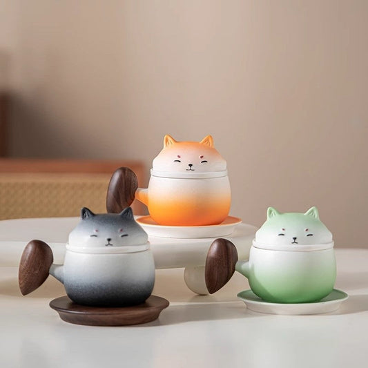 The Gradient Shiba Ceramic Tea Set with Wooden Coaster