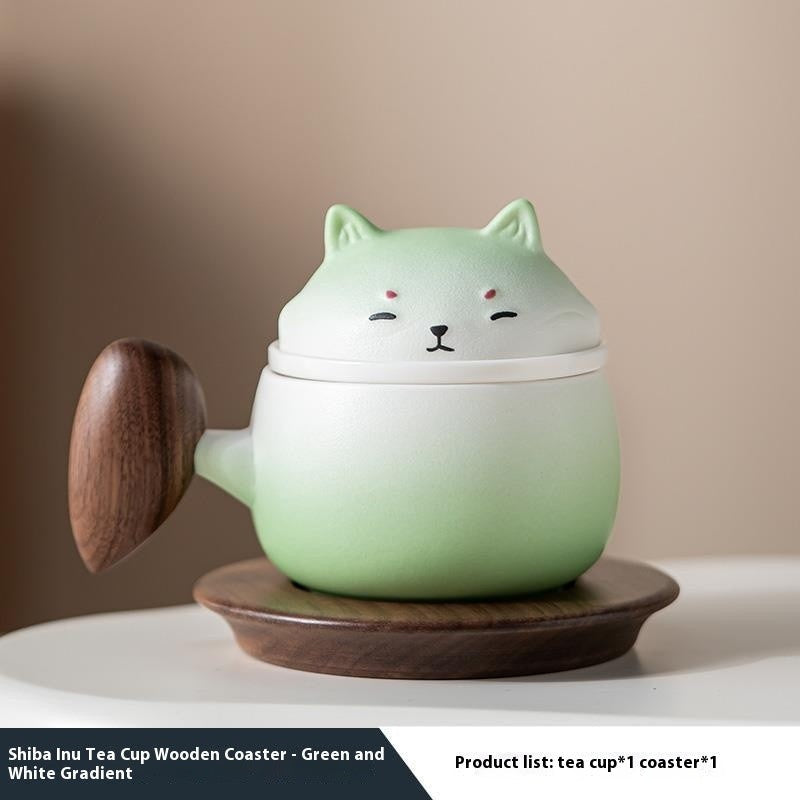 The Gradient Shiba Ceramic Tea Set with Wooden Coaster