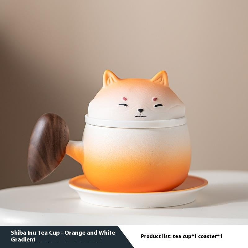 The Gradient Shiba Ceramic Tea Set with Wooden Coaster