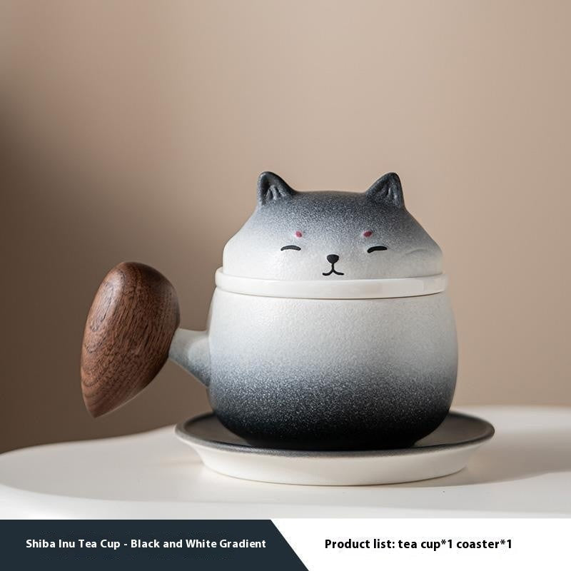 The Gradient Shiba Ceramic Tea Set with Wooden Coaster