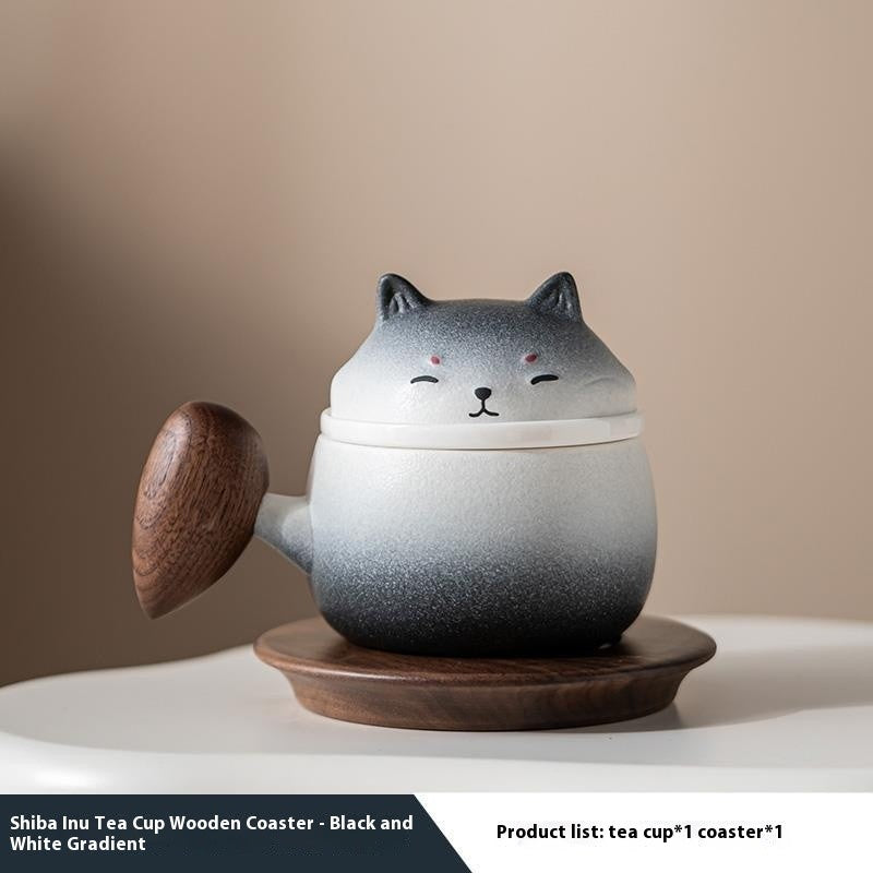 The Gradient Shiba Ceramic Tea Set with Wooden Coaster