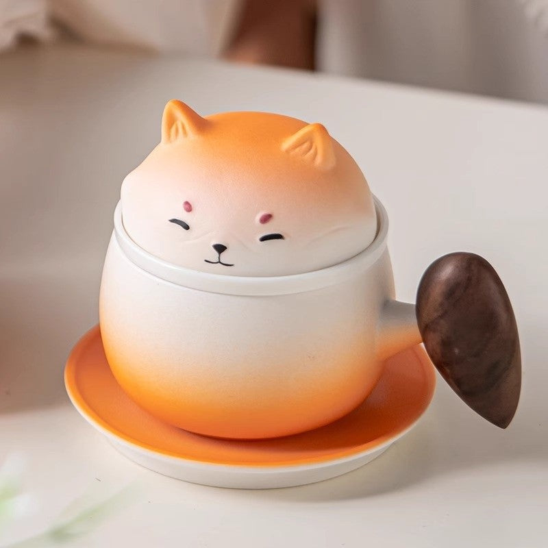The Gradient Shiba Ceramic Tea Set with Wooden Coaster
