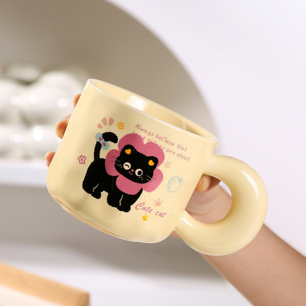 WhiskerJoy Ceramic Cat Mug with Chunky Round Handle
