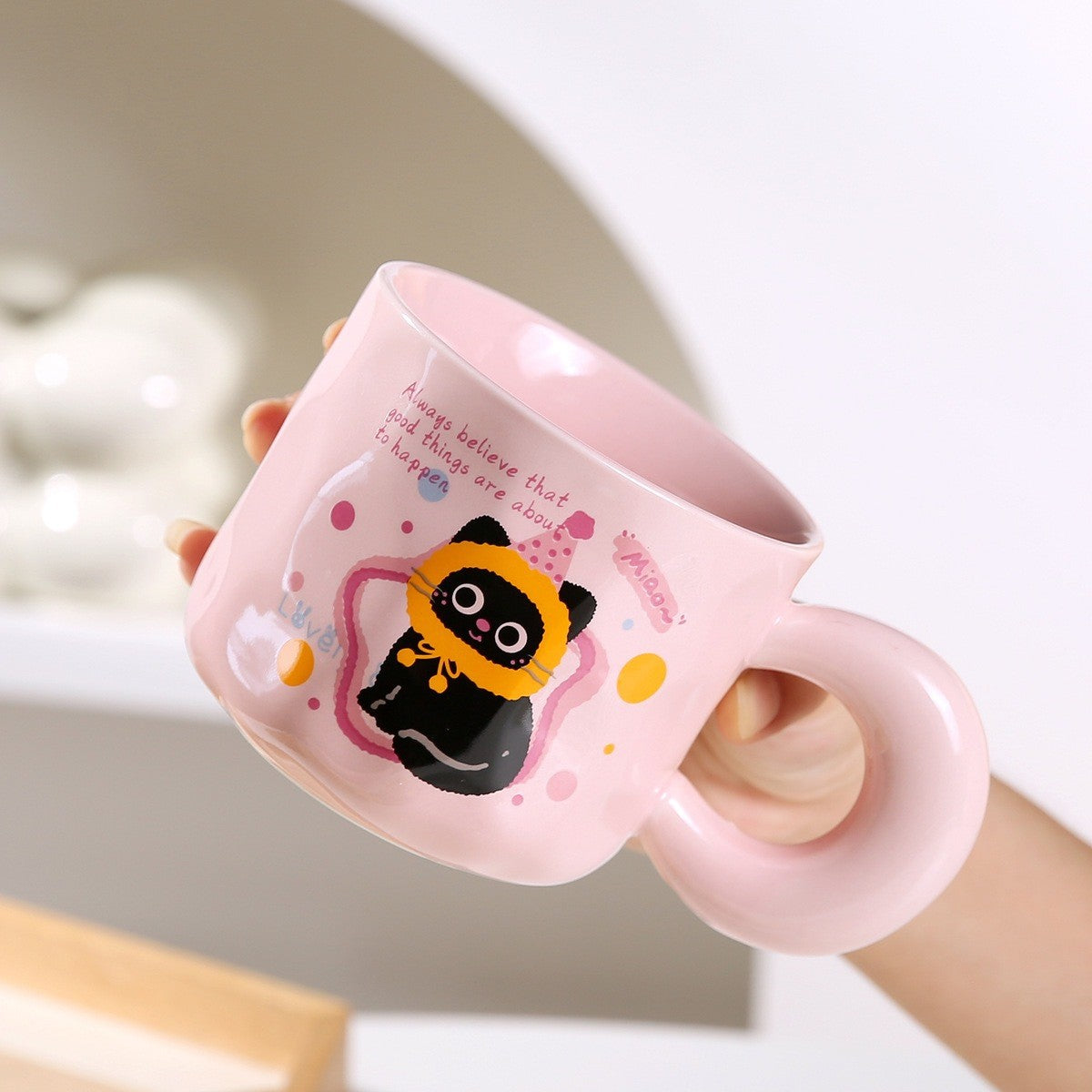 WhiskerJoy Ceramic Cat Mug with Chunky Round Handle